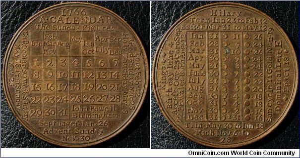 1766 Calendar Medal by John Powell of Birmingham. Bronze or copper 39mm with some of the original gilding remaining.  Very rare in this condition.
