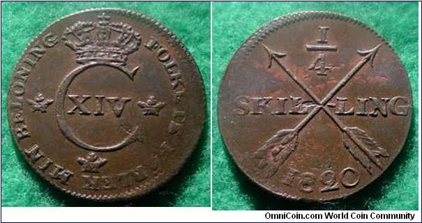 1820 Sweden 1/4 Skilling - Uncirculated, Mostly Brown and hints of Red in the protected area.