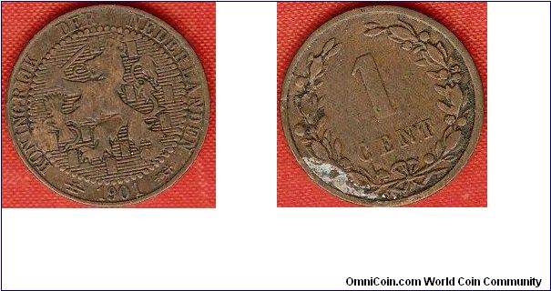 1 cent
rampant lion with 10 large shields in field
Legend with KONINGRIJK
bronze