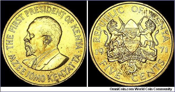 Kenya - 5 Cents - 1971 - Weight 5,9 gr - Nickel / Brass - Size 25,5 mm - President / Jomo Kenyatta - Designer / Norman Sillman - Mintage 29 680 000 - Edge : Plain - Reference KM# 10