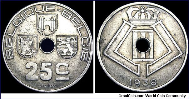 Belgium - 25 Centimes - 1938 - Weight 6,5 gr - Nickel / Brass - Size 26 mm - King / Leopold III - Designer / O Jespers - Mintage 7 200 000 - Edge : Plain - Reference KM# 114.1