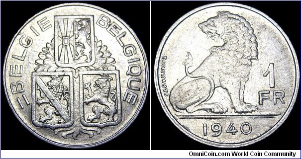 Belgium - 1 Franc - 1940 - Weight 4,5 gr - Nickel - Size 21,5 mm - King / Leopold III - Mintage 10 865 000 - Edge : Reeded - Note Legend : BELGIE - BELGIQUE - Reference KM# 120