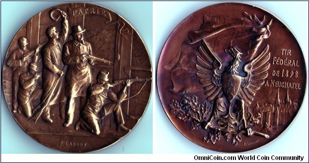 Swiss shooting medal struck in bronze (2000 minted)and issued for the Shooting Festival in Neuchatel in 1898.