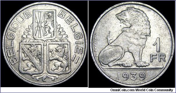 Belgium - 1 Franc - 1939 - Weight 4,5 gr - Nickel - Size 21,5 mm - King / Leopold III - Mintage 46 856 000 - Note legend : BELGIQUE-BELGIE - Edge : Reeded - Reference KM# 119