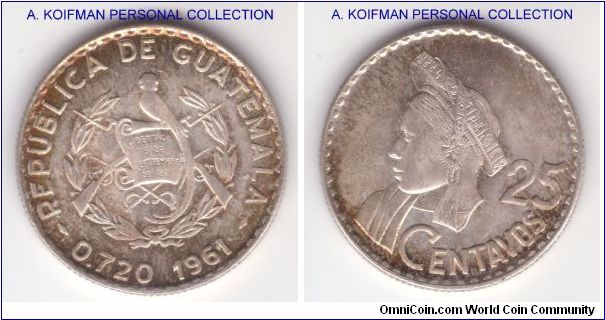 KM-263, 1961 Guatemala 25 centavos; silver, reeded edge; toned uncirculated or so