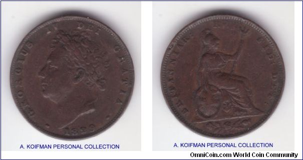 KM-697, 1829 Great Britain farthing; copper, plain edge; dark brown about very fine