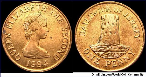 Jersey - 1 Penny - 1994 - Weight 3,5 gr - Copper plated steel - Size 20,32 mm - Ruler / Elizabeth II - Reverse / Le Hocq Watch Tower, St. Clement - Mintage 2 000 000 - Edge : Plain - Reference KM# 54b (1994-1997)