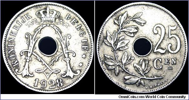 Belgium - 25 Centimes - 1928 - Weight 6,4 gr - Copper / Nickel - Size 26 mm - Kinga / Albert I - Designer / A. Michaux - Mintage 9 200 000 - Edge : Plain - Reference KM# 69  (1910-1929)