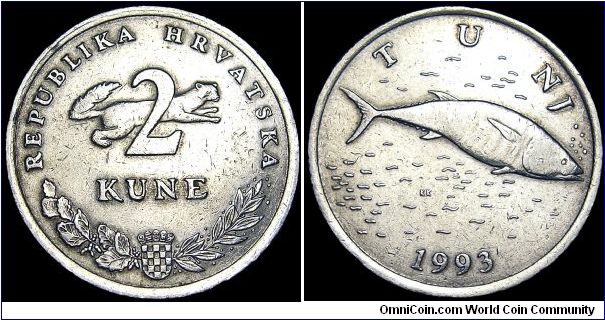 Croatia - 2 Kune - 1993 - Weight 6,2 gr - Copper / Nickel - Size 24,5 mm - President / Franjo Tudman - Mintage 19 774 119 - Edge : Reeded - Reference KM# 10  (1993-1999)