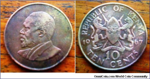 Nice brass large 10cent coin at 30mm diameter. Kenya 1967, with the two lions on the shield and the masai spears
