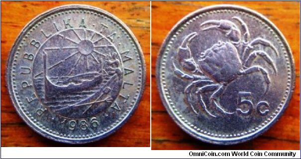 Malta 1986 5c coin, nice crab and sun at 20mm diameter