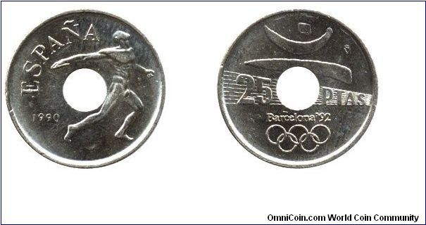 Spain, 25 pesetas, 1990, Ni-Bronze, holed, Olympic Games Barcelona, 1992, Discus thrower.                                                                                                                                                                                                                                                                                                                                                                                                                           