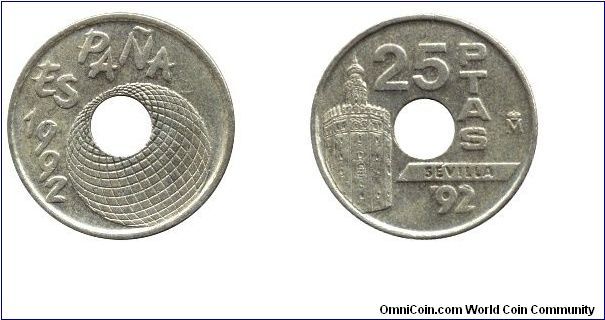 Spain, 25 pesetas, 1992, Brass, holed, Expo Sevilla, '92.                                                                                                                                                                                                                                                                                                                                                                                                                                                           