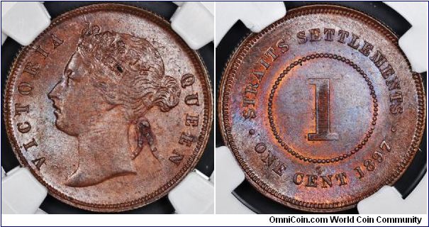 STRAITS SETTLEMENTS VICTORIA CENT 1897 NGC MS/63BN