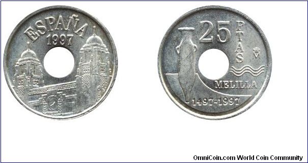 Spain, 25 pesetas, 1997, Al-Bronze, 19.5mm, 4.25g, holed, Melilla 1497-1997.                                                                                                                                                                                                                                                                                                                                                                                                                                        