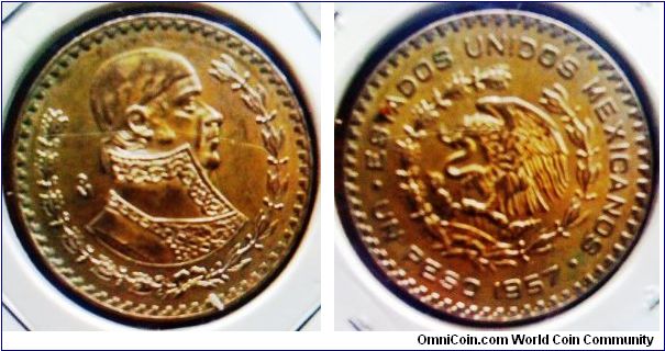 One Peso Mexico Silver coin at 0.100 Fine 0.0514oz and 35mm diameter also weight at 16grams Jose Morelos y Pavon