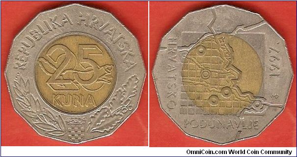 25 kuna
Danube border region
12 sided bimetallic coin; brass center with copper-nickel ring