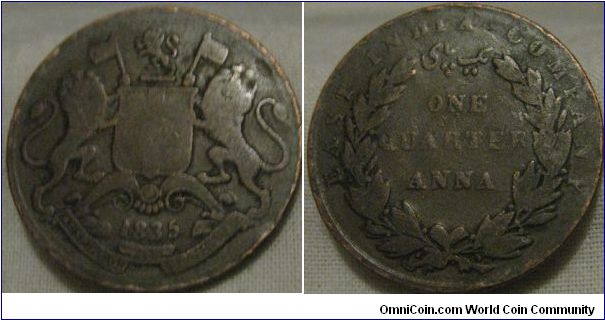 1835 1/4 anna fair grade, east india company