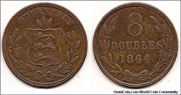 8 Doubles
KM#7
8.3400 g., Bronze, 31.13 mm. Obv: National arms within 3/4 wreath Rev: Value, date within wreath