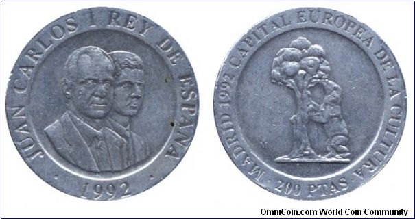 Spain, 200 pesetas, 1992, Cu-Ni, 25.5mm, 10.5g, Madrid 1992 Capital Europea de la Cultura, Tree with bear, King Juan Carlos I with Crown Prince.                                                                                                                                                                                                                                                                                                                                                                    