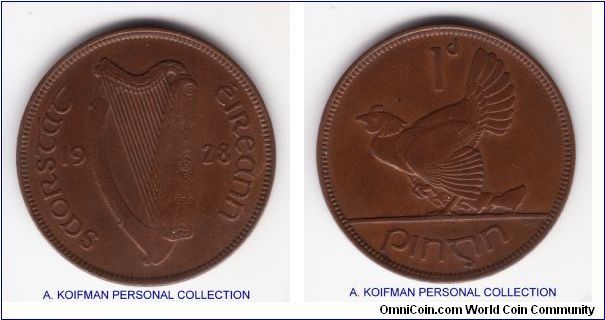 KM-3, 1928 Ireland penny; bronze, plain edge; extra fine or about