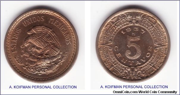 KM-423, 1937 Mexico 5 centavos; copper-nickel, plain edge; nice multicolored uncirculated