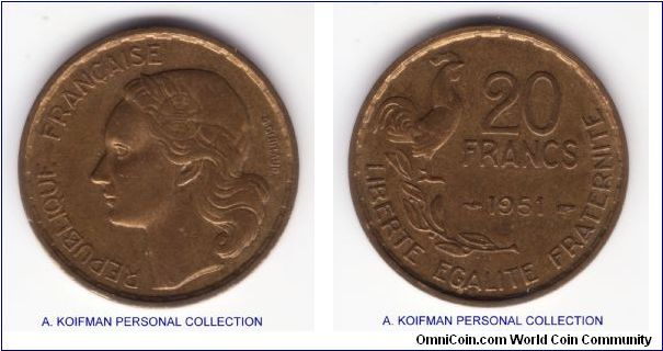 KM-917.1, 1951 France 20 francs; aluminum-bronze, plain edge; about uncirculated, 4 plums on the rooster