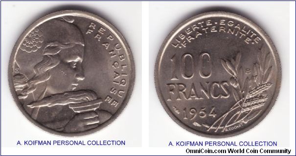 KM-919.2, 1954 France 100 francs, Beaumont - La Roger mint; copper-nickel, reeded edge; average uncirculated