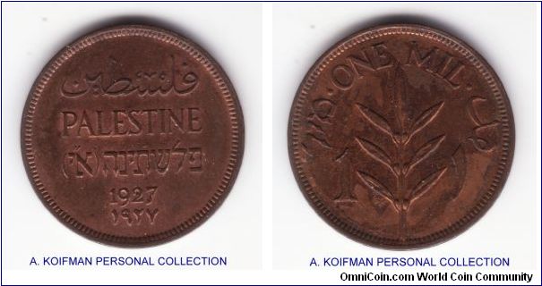 KM-1, 1927 Palestine (British mandate) mil; bronze, plain edge; uncirculated for wear but some mottled toning make it less attractive than brown would have been, some luster remains on obverse