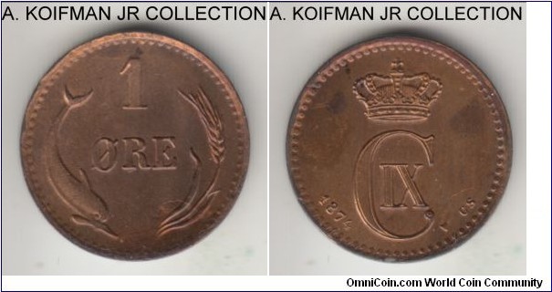 KM-792.1, 1874 Denmark ore, (h) CS; bronze, plain edge; Christian IX, uncirculated or almost details, lacquered and most likely cleaned before that.