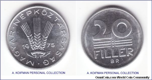 KM-573, 1975 HUngary 20 feller; aluminum, reeded edge; uncirculated.