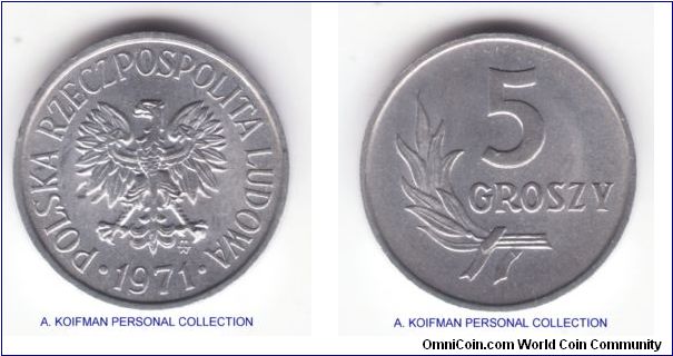 Y#A46, Poland 1971 5 groszy, Warsaw mint (MW mint mark in monogram); aluminum, plain edge; uncirculated