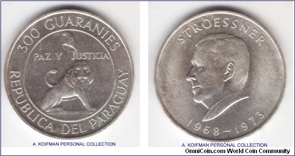 KM-29, 1968 Paraguay 300 guaranies; silver, lettered edge; average uncirculated or so.