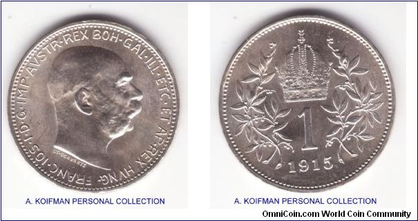 KM-2820, 1915 Austria corona; silver, lettered edge; nice uncirculated with much luster