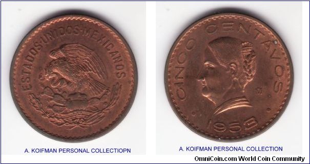 KM-424, 1953 Mexico cinco (5) centavos; bronze, plain edge; about uncirculated, few spots on reverse