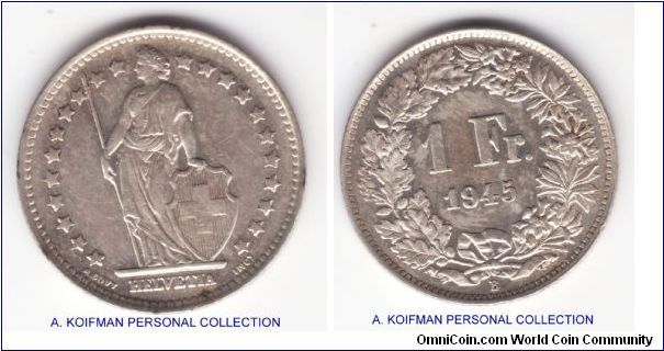 KM-24, 1945 Switzerland franc; silver, reeded edge; extra fine or so, some luster on reverse