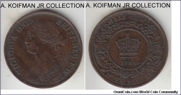 KM-7, 1864 Nova Scotia (Canadian Confederation) half cent; bronze, plain edge; Victoria provincial coinage, nice brown extra fine, 45 degree die rotation.