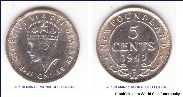 KM-19, 1941 Newfoundland province (Canada) 5 cents; silver, reeded edge; high grade that has seen little wear from circulation but heave bag marks