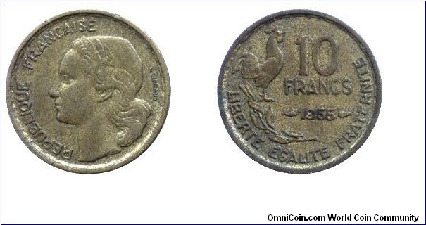 4th French Republic, 10 francs, 1955, Al-Bronze, Cock.                                                                                                                                                                                                                                                                                                                                                                                                                                                              