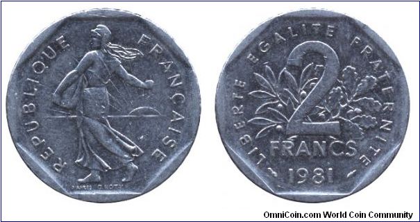 France, 2 francs, 1981, Ni, Woman sowing.                                                                                                                                                                                                                                                                                                                                                                                                                                                                           