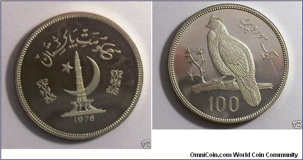 1976 A PAKISTAN 100 Rupees, CROWN SIZE (SILVER) PROOF 28G COIN