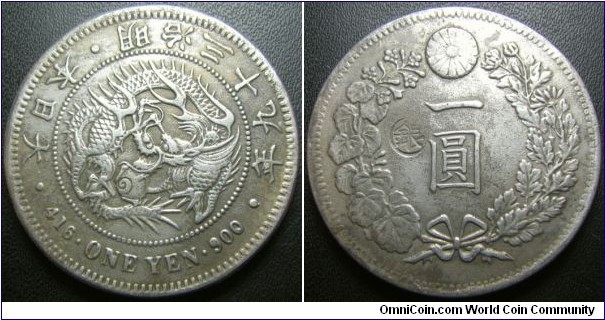 Japan 1906 1 yen. This is a counterfeit! Weight: 22.42g