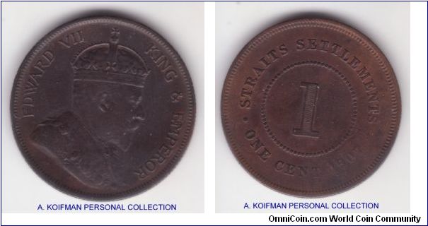 KM-19, 1907 Straits Settlements cent; bronze, reeded edge; dark brown obverse is a good very fine while reverse is weaker, very fine or so.