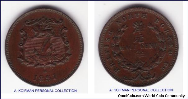 KM-1, 1891 British North Borneo half cent, Heaton mint (H mintmark); bronze, plain edge; dark, about extra fine