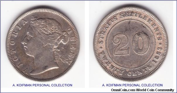 KM-12, 1883 Straits Settlements 20 cents; silver, reeded edge; fine or so, mintage 200,000