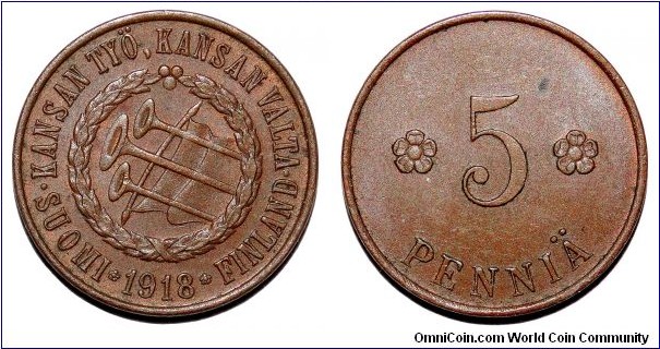 FINLAND (CIVIL WAR)~5 Pennia 1918. Finnish Workers Movement.