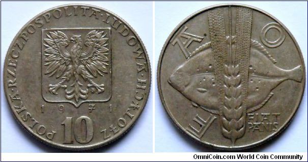 10 zlotych.
1971, F.A.O.
Cu-ni.
Weight 9,5g.
Diameter 28mm.
Reeded edge.
Mintage 2.000.000 units.