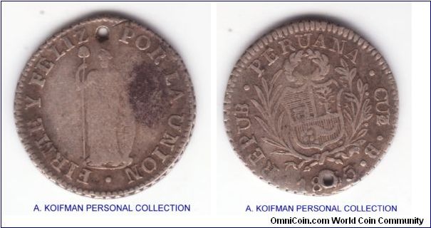KM-144.2, 1835 Peru (Republic) half real, Cuzco mint (mintmark in monogram), B essayer initials; silver, milled edge; early republican coins are often found holed, it looks like a very good to fine condition
