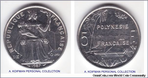 KM-12, 1987 French Polynesia 5 francs; aluminum, plain edge; average uncirculated or so