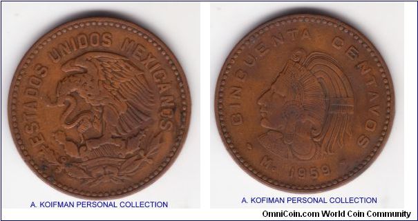 KM-450, 1959 Mexico 50 centavos; bronze, shallow reeded edge; very fine, large almost crown size coin